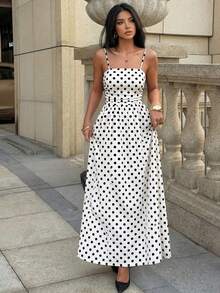 SHEIN PariChic Vestido de tirantes con estampado de lunares al estilo francés para vacaciones y uso casual, primavera/verano - Blanco - Ver 7