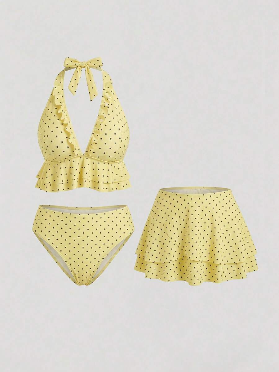 Sweetra CURVE Plus Size Contrast Color Polka Dot Print Halter Neck Swimsuit Set - Yellow - View 1