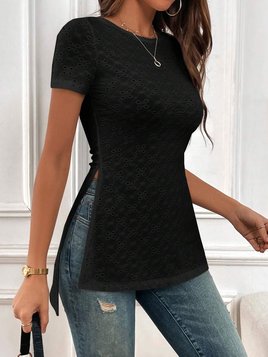 SHEIN Essnce Solid Split Hem Tee - Black - View 1
