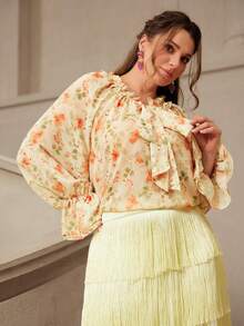 VOLUPTÉ CURVE Blusa holgada casual con estampado floral, cuello con lazo, mangas farol, adecuada para ir al trabajo, uso diario, reuniones, citas, talla grande para primavera/verano - Naranja - Ver 4