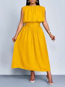 SOLERSUN Women's Plus Size  Solid Color Spring/Summer Elegant Casual  Simple Daily Wear Ruched Sleeveless Midi Dress,Quiet Luxury Vacation - Yellow - View 5