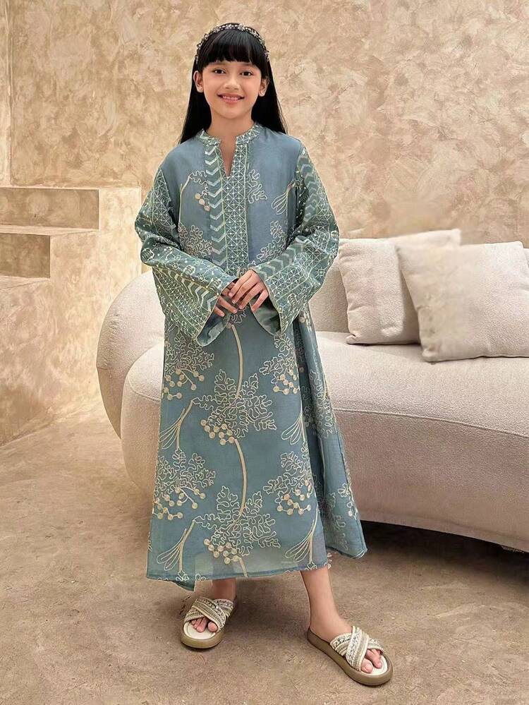 Tween Girl Bohemian Style Embroidered V-Neck Long Sleeve Loose Dress