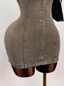 Mistrie Vestido vaquero casual con cierre de cremallera y manga corta ajustado para mujer - Marrón - Ver 5