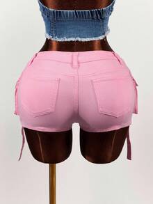 Slaydiva Women's Solid Color Casual Denim Shorts - Pink - View 2