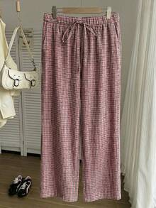 Comfortcana Pantalones anchos de verano de unicolor, de tela texturizada y arrugada, con cordón ajustable en la cintura, para vacaciones informales, talla grande - Rosa - Ver 3