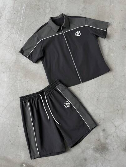 PAVTROS Street Style Black & Grey Patchwork, Metal Zipper, Gothic Letter Print Short Sleeve Shirt & Shorts Set For Men