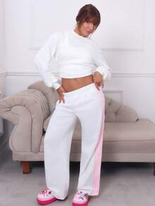 Hariany Almeida 女式白色针织阔腿休闲运动裤 - 白色 - 查看 5