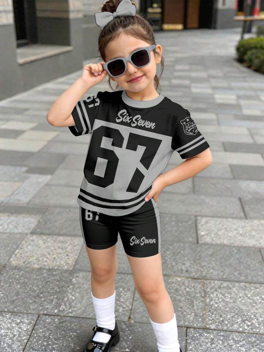 SHEIN Bộ 2 món quần short tay ngắn phong cách tối giản thường ngày dành cho bé gái, thích hợp cho mùa hè, kiểu dáng thể thao cổ điển, in hình số 6, 7, "Sáu", "Bảy" kinh điển. - Nhiều màu - Xem 1