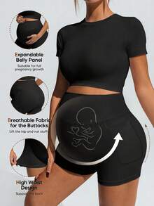 SHEIN Pregnant Women's Solid Color Round Neck Cropped Sports Short Sleeve T-Shirt And Shorts Set, Summer,Word Cup - Black - View 3