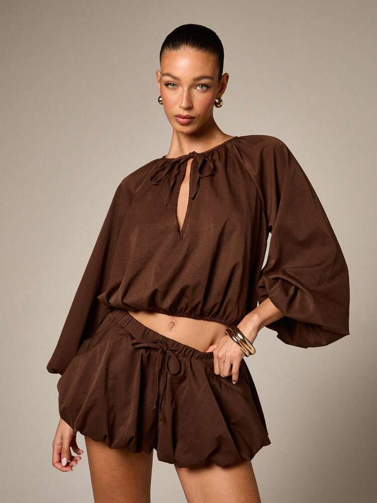 Brown Balloon Sleeve Tie Front Blouse