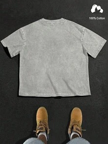 Manfinity EMRG 男士灰色复古街头风水钻手势印花T恤，休闲百搭，适合夏季音乐会、音乐节、派对、度假等场合。 - 灰色 - 查看 3