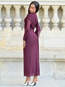 Mima John 女士优雅荷叶边长袖修身连衣裙，秋季 - 紫色 - 查看 6