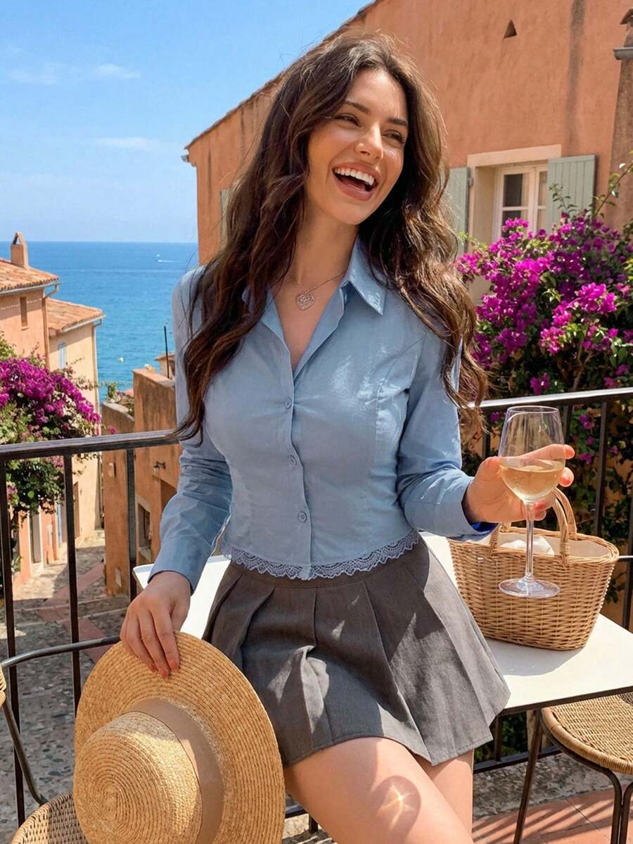 DAZY Elegant Long Sleeve Women's Shirt With Fishbone Stitching, Lace Trim Splice, Slim Fit, Suitable For Office Wear, Spring/Summer - Blue - View 1