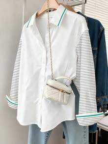 Resyla Women's Casual Commuter Striped Patchwork Shirt - Multicolor - View 3