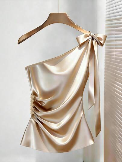 Franclia Women's New Champagne Satin Sheen One Shoulder Tie Bow Waist Button Design Casual Vacation Holiday Everyday Party Formal Occasion Top