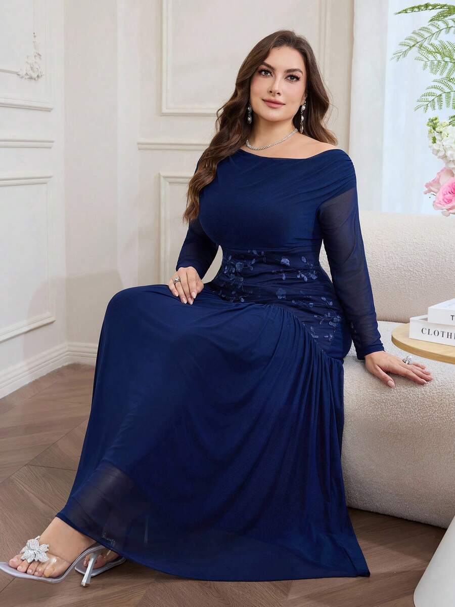 Modelyn Plus Size Women Floral Embroidery Off-Shoulder Long Sleeve Elegant Maxi Dress - Navy Blue - View 1