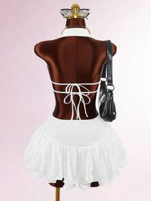 Amplova Women's Summer Fashion Solid Color Cross-Tied Ruffle Hem Skirt Night White Sexy - White - View 3