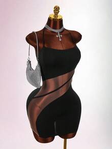 Amplova Đầm mini ôm sát cơ thể khoét sâu, xuyên thấu mới dành cho nữ - màu đen - Xem 6