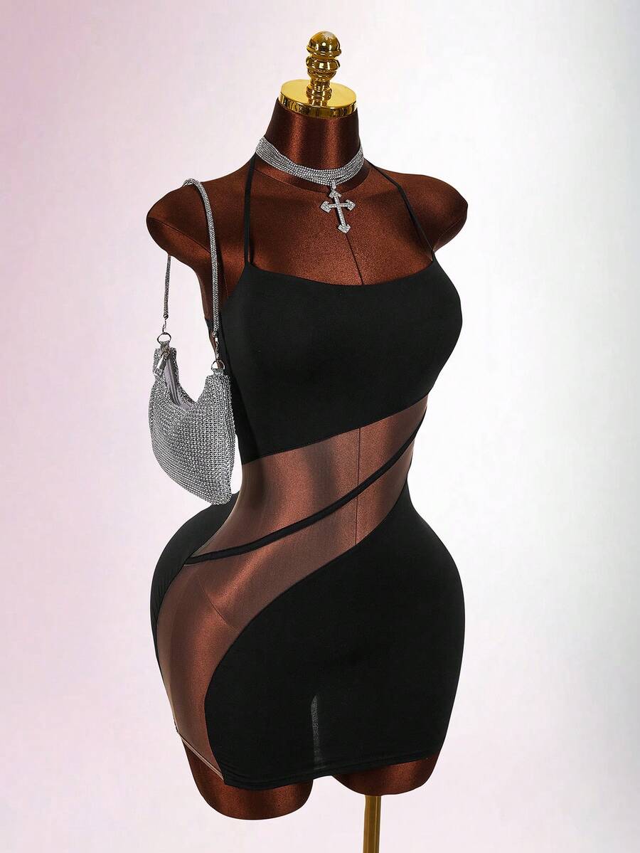 Amplova 新款透视镂空低胸紧身迷你连衣裙 - 黑色 - 查看 1