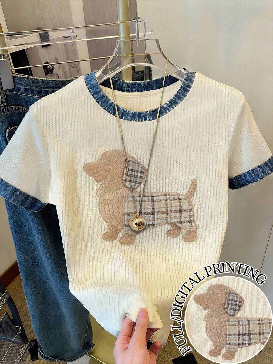 Franclia 女士卡通狗印花T恤/牛仔风/休闲日常穿搭/夏季 - 彩色 - 查看 1