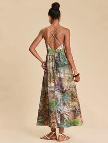 Travachic 热带植物与豹纹印花露背吊带度假连衣裙 - 綠色 - 查看 2