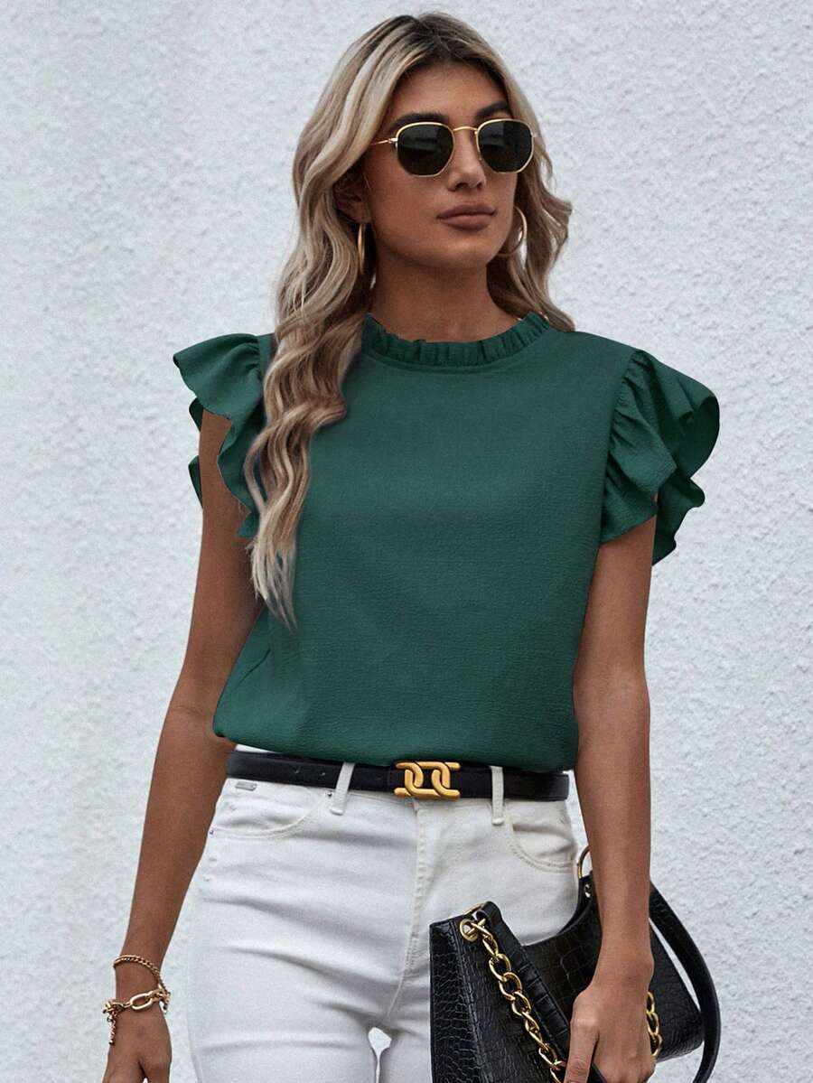 EMERY ROSE Blusa con cuello alto, volantes y volantes para ropa de Año Nuevo - Verde - Ver 1