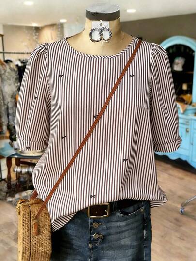 Linhara Plus Size Bow Tie Striped Mid-Sleeve Casual & Office Elegant French Style Blouse, Spring/Summer/Autumn Women's Tops And Blouses Puffed Sleeve Top Blouses For Women New Elegant Casual Women's Tops For Summer Striped Blouse
