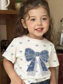 Baby Girl Summer Casual Bow Print Round Neck Short Sleeve Top - Multicolor - View 7