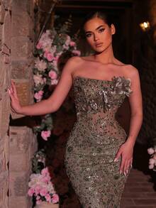 Glamrae Elegant Luxurious Beaded Sequin Embroidered 3D Floral Strapless Mermaid Dress Heavy Embellishment Gown For Weddings Rehearsal Dinner Parties Galas - Light Yellow - View 5