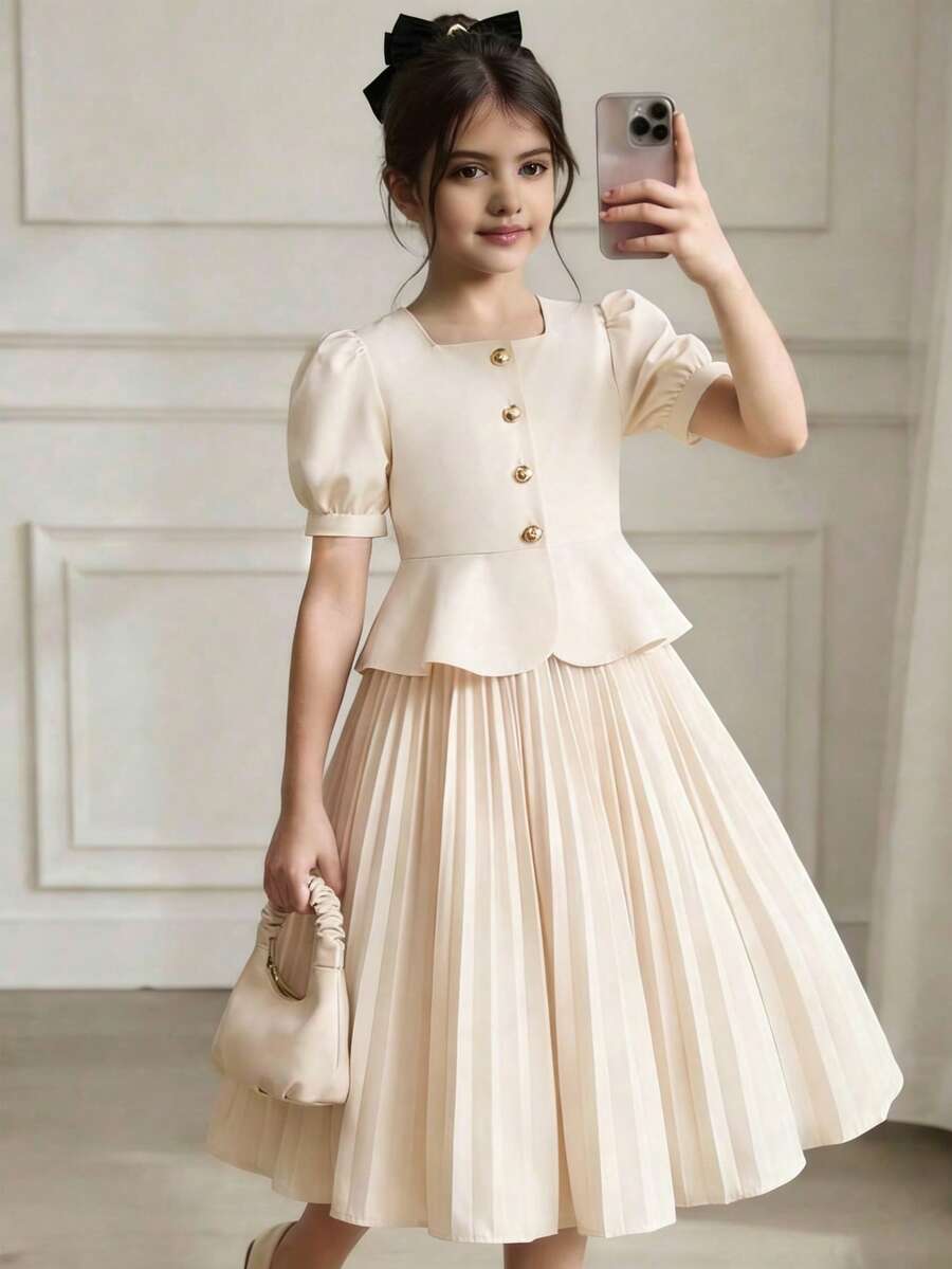 Elladie kids Conjunto de cuello cuadrado elegante con mangas abullonadas, adecuado para uso diario, fiestas y salidas - Albaricoque - Ver 1