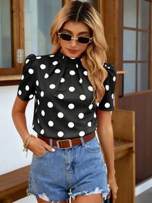 EMERY ROSE Women's Polka Dot Print Ruched Collar Short Sleeve Blouse, Spring/Summer Polka Dot Top - Black - View 4
