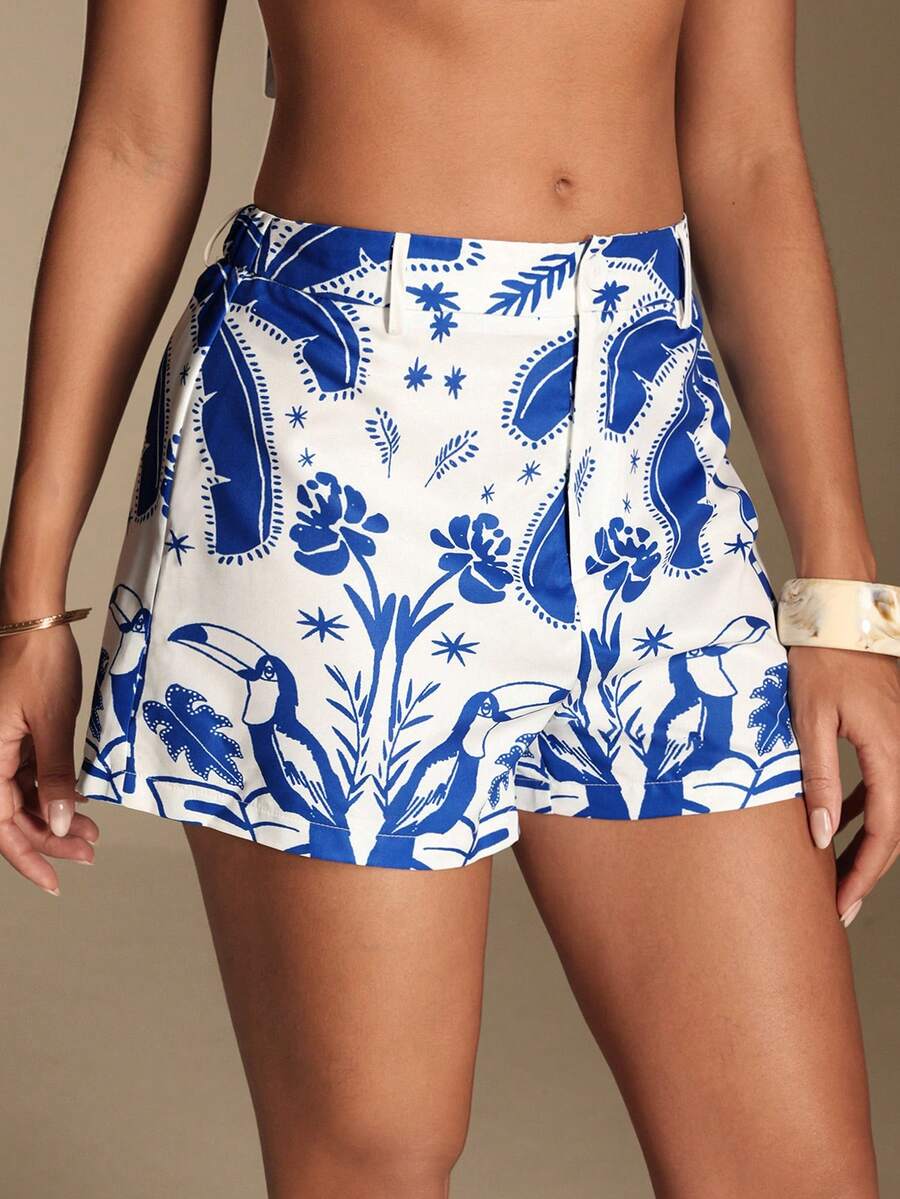 Swim Oasis High Waist Slimming Fashionable Casual A-Line Wide Leg Women Shorts, Blue - Blue and White - View 1
