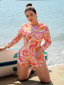 Swim SPRTY 2026 New Plus Size Women Random Print Round Neck Zipper Long Sleeve Jumpsuit With Matching Shorts, Summer Beach Resort Swimwear Set - Multicolor - View 1