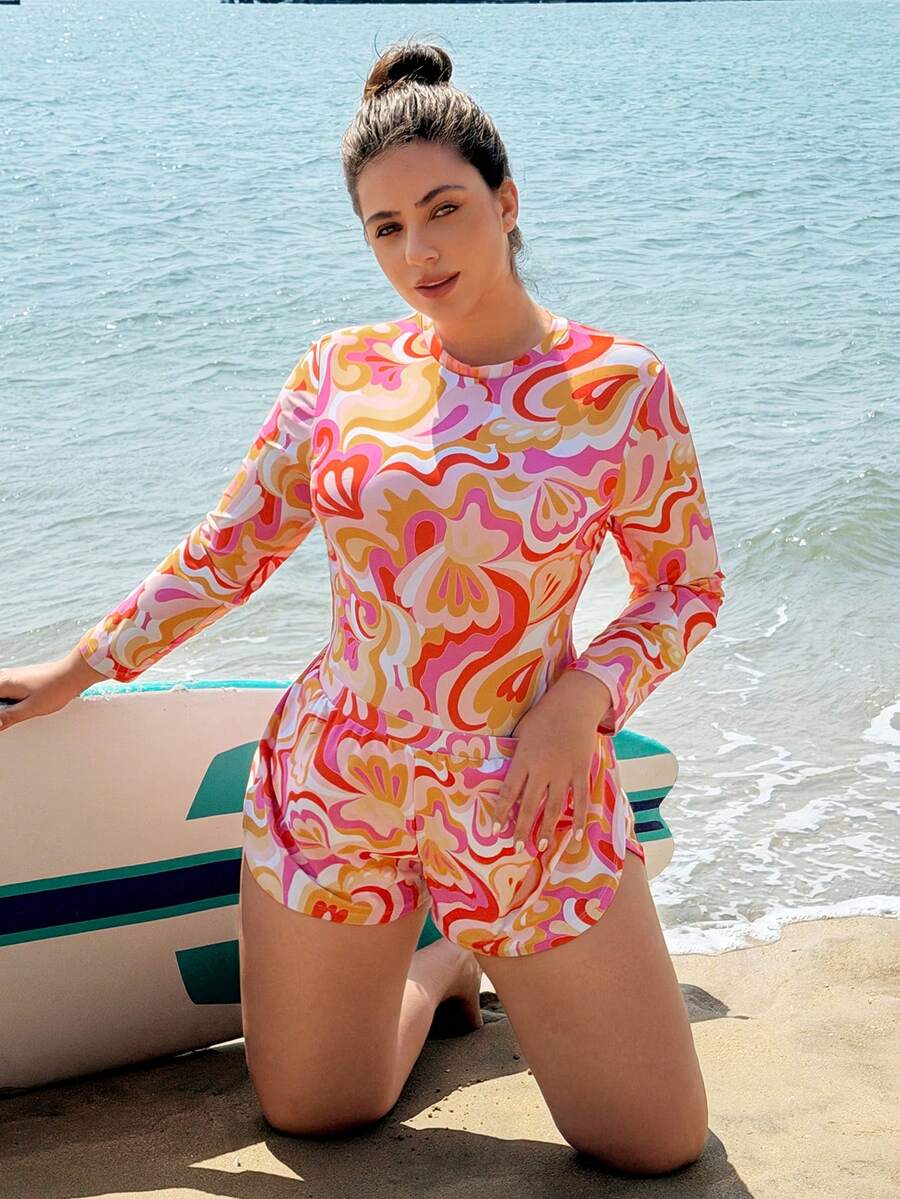 Swim SPRTY 2026 New Plus Size Women Random Print Round Neck Zipper Long Sleeve Jumpsuit With Matching Shorts, Summer Beach Resort Swimwear Set - Multicolor - View 1