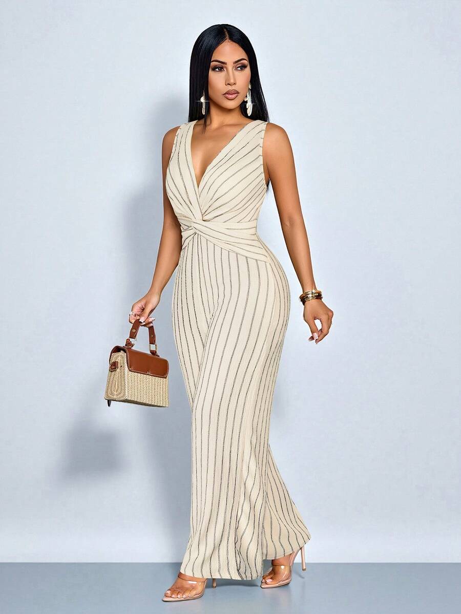 SOLERSUN Bộ jumpsuit không tay kẻ sọc cổ chữ V sâu, thắt nút xoắn, phong cách nghỉ dưỡng mùa xuân/hè thanh lịch dành cho nữ, thích hợp mặc hàng ngày khi đi nghỉ ở Hawaii. - Màu be - Xem 1
