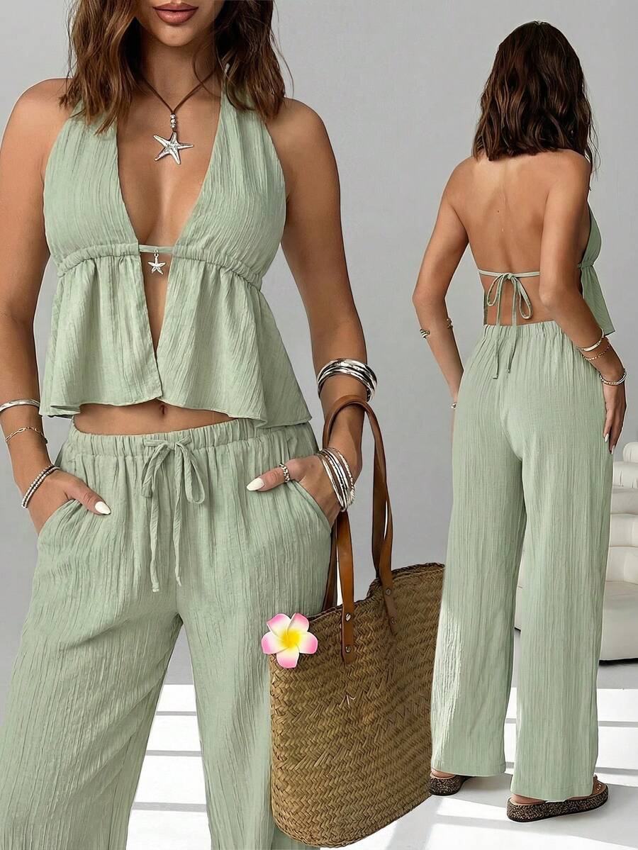 SHEIN EZwear Spring/Summer New Chiffon Women Casual Vacation Beach Outfit, Halter Backless Top And Slant Pocket Wide Leg Pants 2 Pieces Set Two Piece Vacation Set Women Casual Two Piece Set Linen Two Piece Set Summer 2 Piece Sets Woman Beach 2 Piece Set Linen Two Piece Set Women Two Piece Spring Set Vacation Outfits Women 2 Piece Set Green Two Piece Set Women Two Piece Set Casual Vacation Outfits 2 Piece Set Summer 2 Piece Sets For Women - Lime Green - View 1