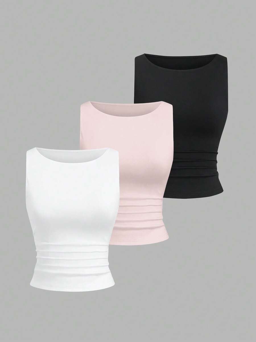 Sweetra Bộ áo tank top cổ tròn xếp ly màu trơn dành cho nữ, kiểu dáng thường ngày. - Nhiều màu - Xem 1