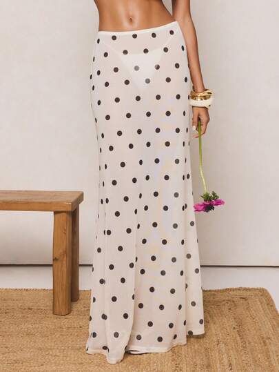 AiiRZ Women's White Polka Dot Mesh Maxi Skirt High Waisted Long Flowing Beach Summer Vacation Elegant Feminine Style
