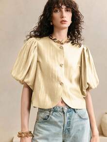 Arave Blusa de mujer de verano con cuello redondo, manga de farol y diseño texturizado, con hilos dorados brillantes trenzados - Albaricoque - Ver 5