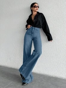 EURMUSE 100%Cotton High Waist Wide Leg Jeans - Dusty Blue - View 4