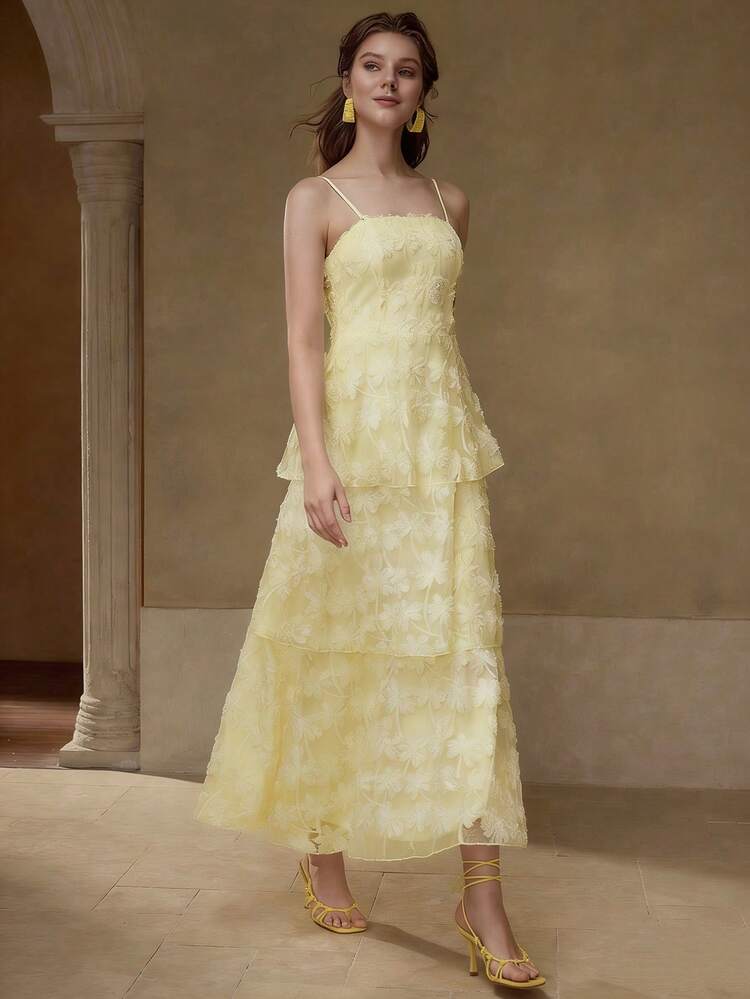 SOLID FLORAL TEXTURED LAYERED RUFFLE HEM SLIP LONG DRESS