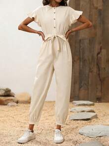 EMERY ROSE Damjumpsuit med enfärgad, minimalistisk kortärmad - Aprikos - Visa 6