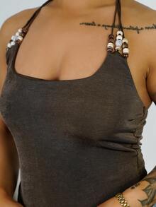 SAYEHFBABY Áo hai dây cổ yếm đính hạt cho kỳ nghỉ của phụ nữ - Cà phê nâu - Xem 3