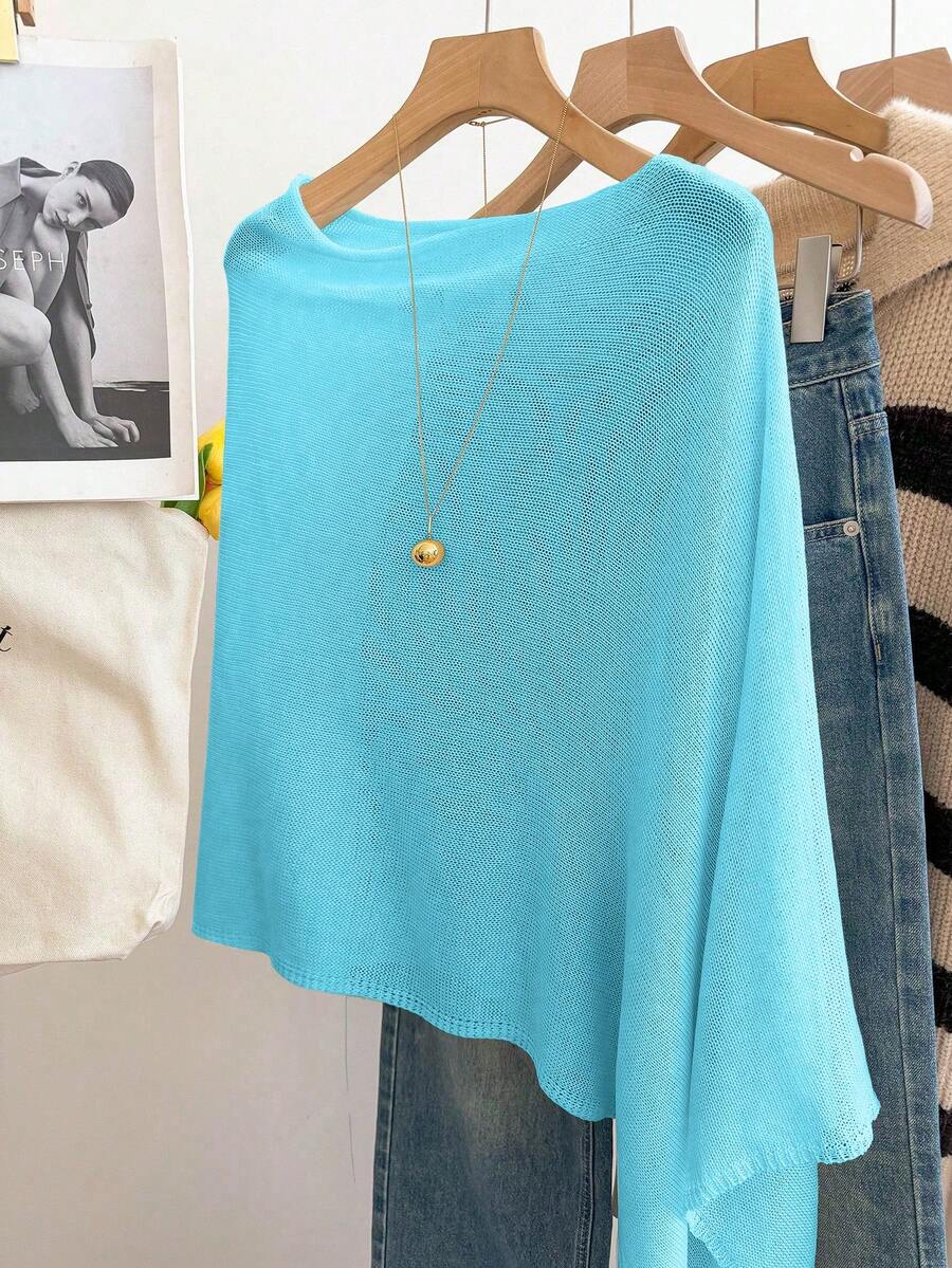 Women's Casual Loose Vacation Style White Shawl Poncho Sweater, Suitable For Spring/Summer - Blue - View 1