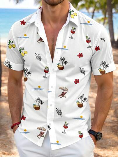 VIVINTIMO Áo sơ mi nam màu trắng in họa tiết hoa phong cách đảo Hawaii, thích hợp cho kỳ nghỉ và hoạt động giải trí.