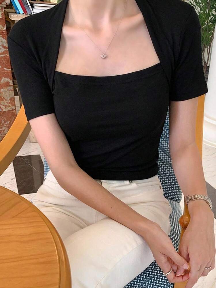 Women's Solid Color Mesh Patchwork Fitted Short Sleeve T-Shirt, Spring/Summer Cute Tops