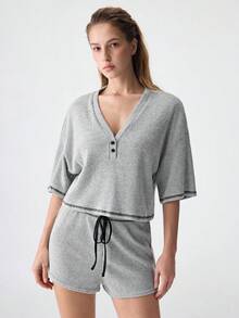 SHEIN Drop Shoulder Top-Stitching Knot Waist Lounge Set Outfit - Grey - View 5