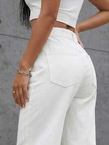 SHEIN ICON Women's Rhinestone Button Pocket Casual Versatile Daily Wear Denim Jeans - White - View 3