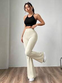 SHEIN EZwear 女款桃色針織喇叭腿長褲，夏季高腰顯瘦喇叭寬腿瑜伽長褲，彈性休閒居家日常穿搭 - 杏色 - 查看 3