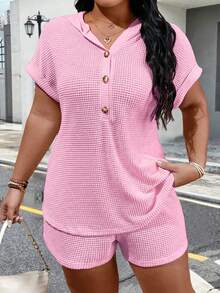 Calvaya Conjunto informal de 2 piezas: Camiseta de punto waffle con cuello en V, manga corta y botones de madera + Pantalones cortos elásticos de cintura de tela waffle, talla grande - Rosa Pálido - Ver 1